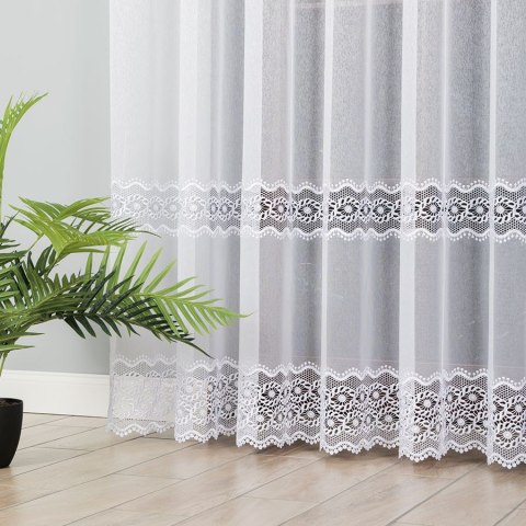 Firanka z aplikacją na markizecie ze wzorem pasowym, wysokość 250cm, kolor 001 biały 009304/433/001/000250/1