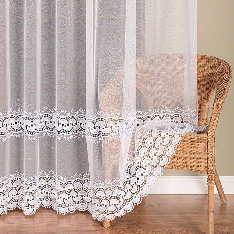 Firanka z aplikacją ze wzorem pasowym na markizecie, wysokość 280cm, kolor 001 biały 009397/433/001/000280/1 Firanka z aplikacją ze wzorem pasowym na markizecie, wysokość 280cm, kolor 001 biały 009397/433/001/000280/1