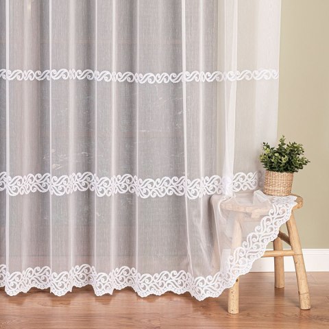 Firanka haftowana ze wzorem pasowym, wysokość 280cm, kolor 001 biały 127335/768/001/000280/1