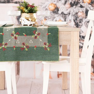 ŚWIĄTECZNE KOKARDKI Bieżnik z haftem, szerokość 40cm x wysokość 140cm, kolor 002 zielony 295161/KSP/002/040140/1