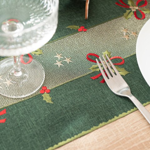 ŚWIĄTECZNE KOKARDKI Bieżnik z haftem, szerokość 50cm x wysokość 100cm, kolor 002 zielony 295161/KSP/002/050100/1