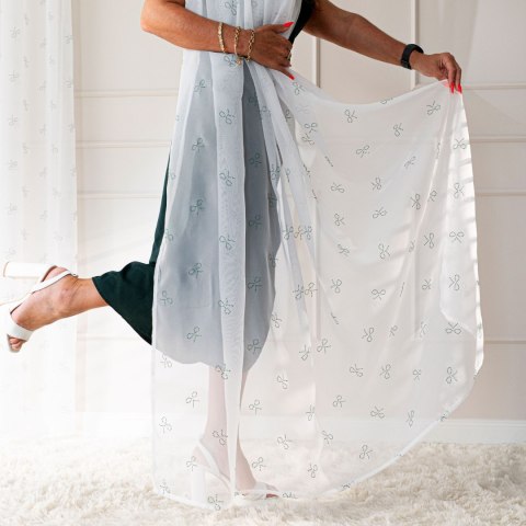 RIBBON Firana gotowa na woalu w diamentowe kokardki, na srebrnych przelotkach, z ołowianką, szerokość 140 x wysokość 250cm, kolo