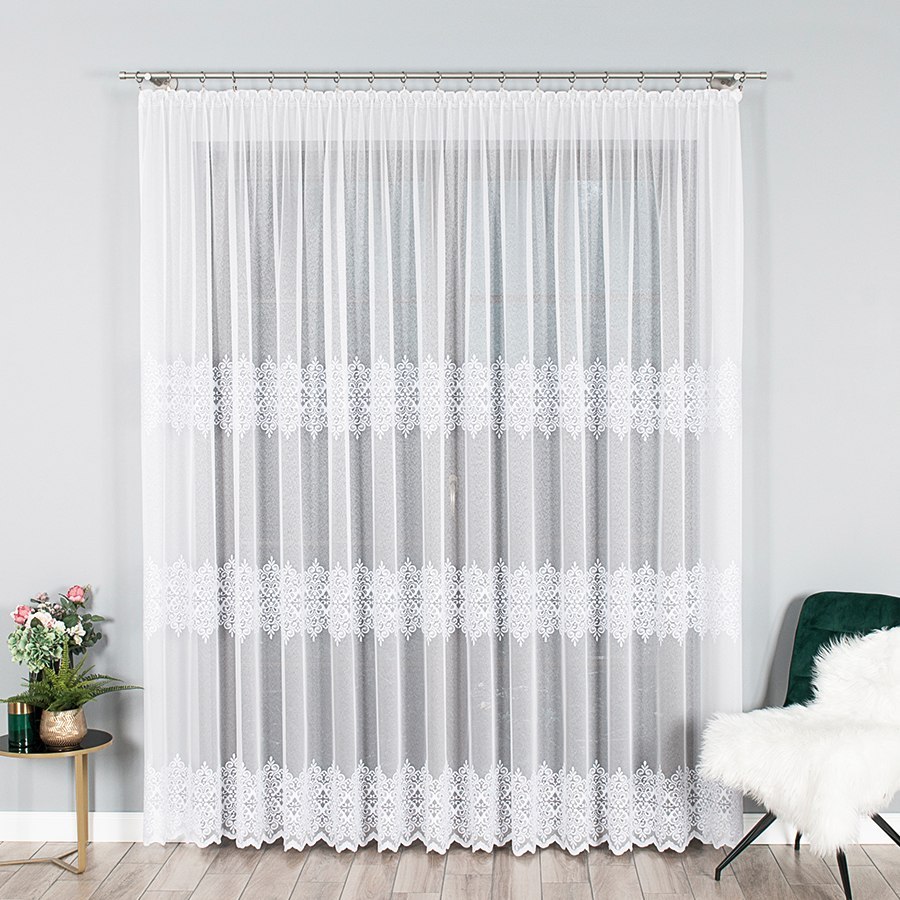 Firanka haftowana na markizecie ze wzorem pasowym, wysokość 250cm, kolor 001 biały 013464/433/001/000250/1