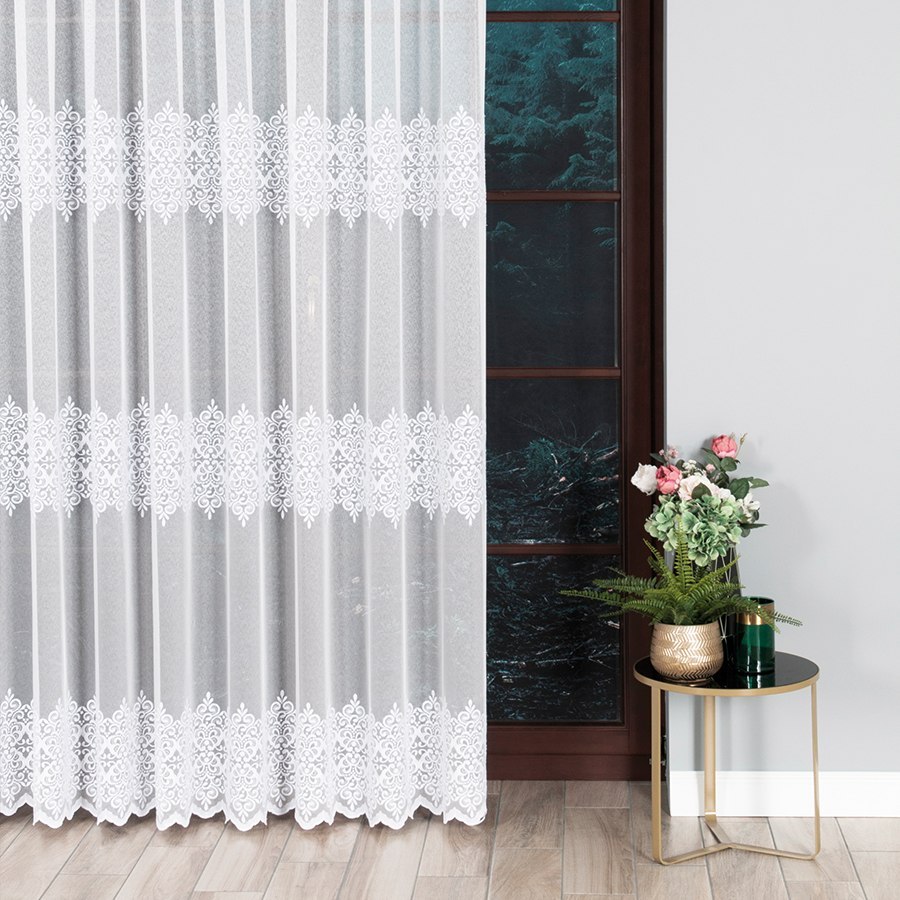 Firanka haftowana na markizecie ze wzorem pasowym, wysokość 250cm, kolor 001 biały 013464/433/001/000250/1